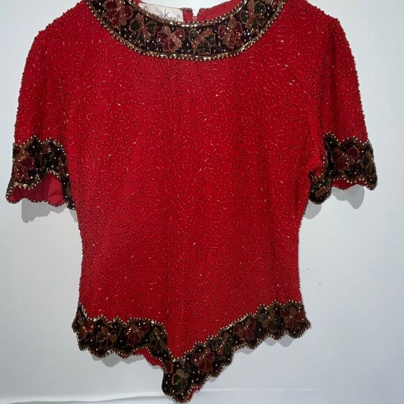 Laurence Kazar Women's Red Bow Holiday Rhinestones Beaded Blouse Size Small - Picture 2 of 7